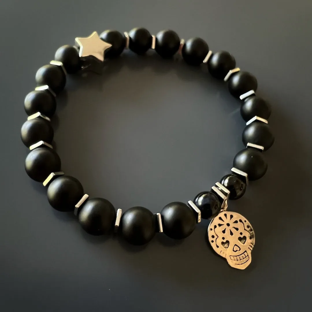 Sterling Silver Sugar Skull Charm Black Onyx Stone Beaded Bracelet