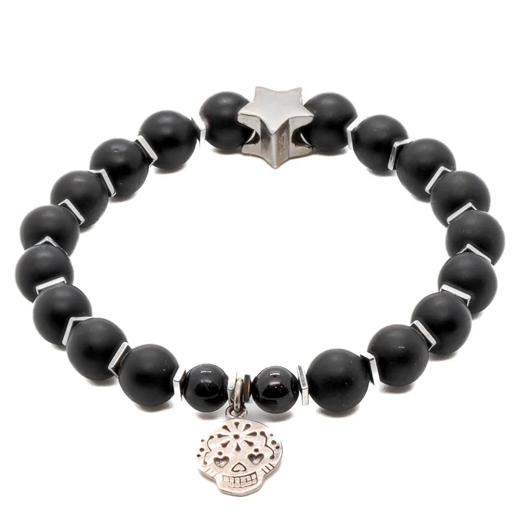 Sterling Silver Sugar Skull Charm Black Onyx Stone Beaded Bracelet