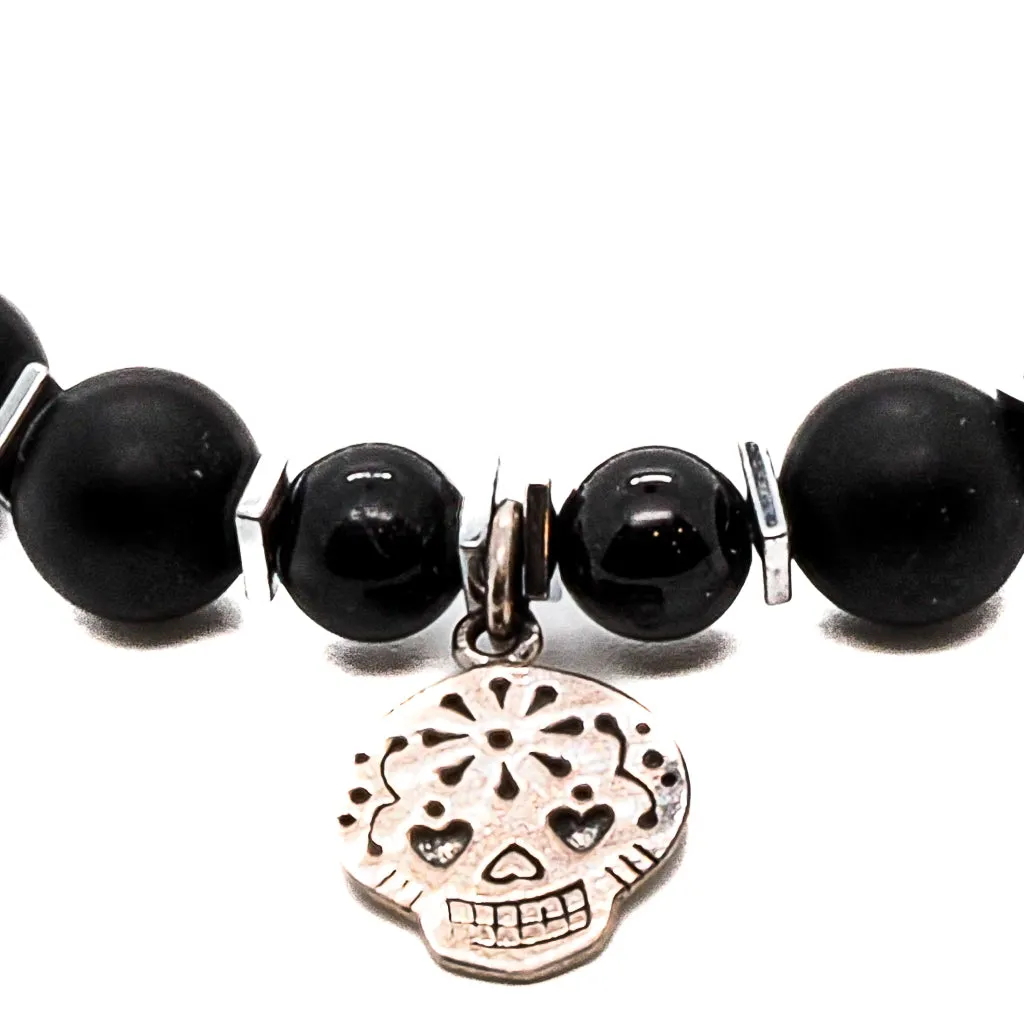 Sterling Silver Sugar Skull Charm Black Onyx Stone Beaded Bracelet