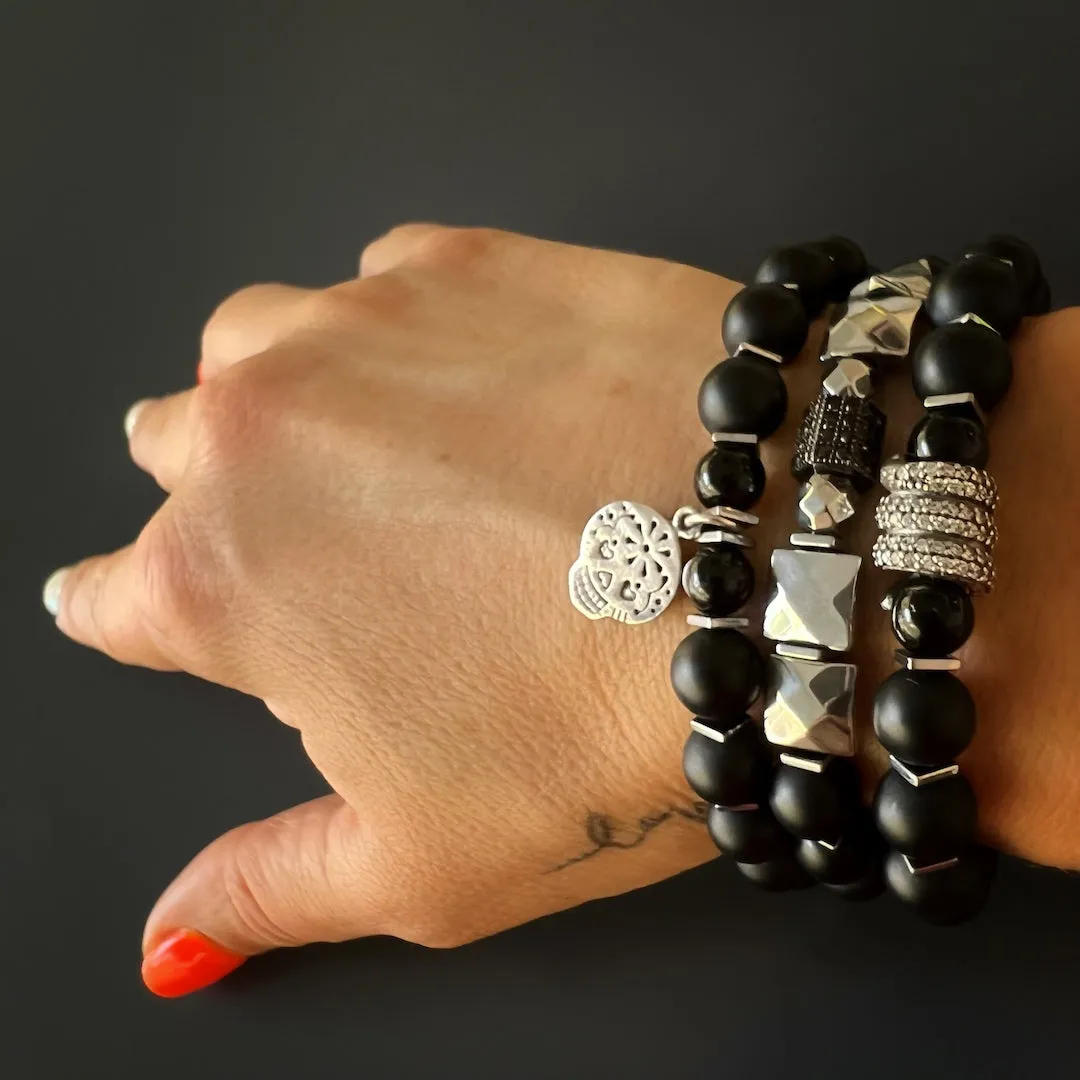 Sterling Silver Sugar Skull Charm Black Onyx Stone Beaded Bracelet