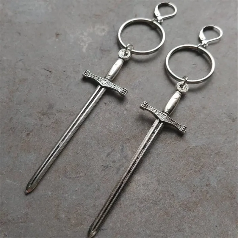 sword Dagger Hoop Lever Back Earrings Metal ring earrings witch or pagan alternative gothic Silver plated classic women gift