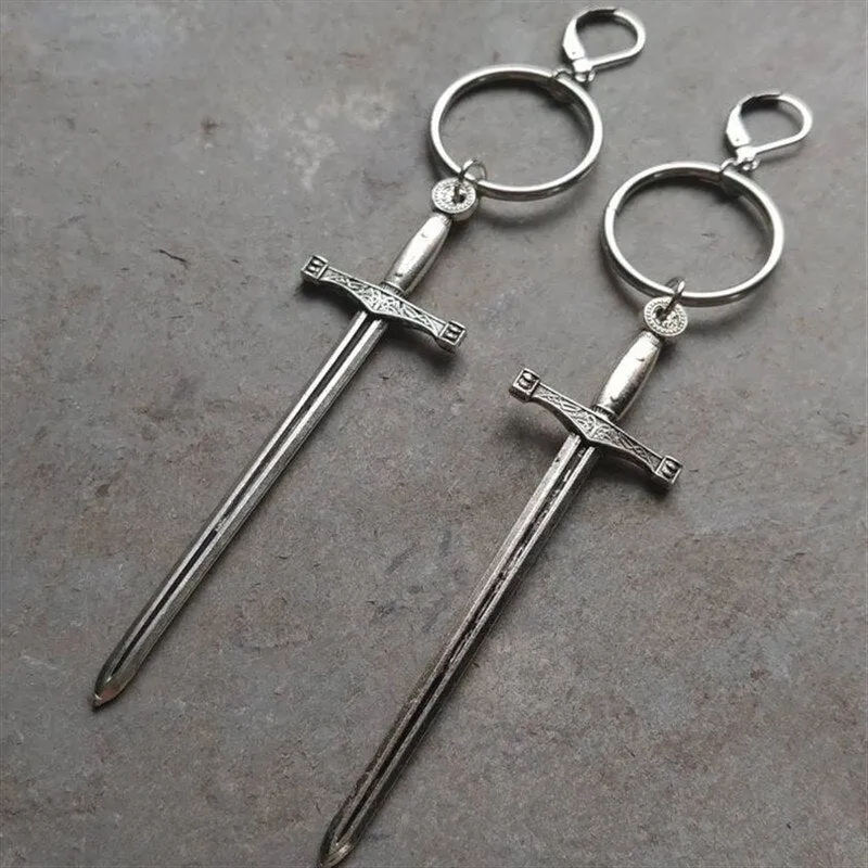 sword Dagger Hoop Lever Back Earrings Metal ring earrings witch or pagan alternative gothic Silver plated classic women gift