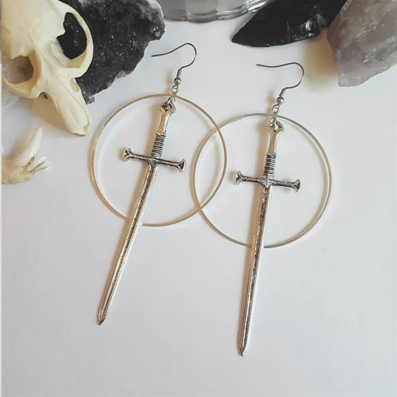 sword Dagger Hoop Lever Back Earrings Metal ring earrings witch or pagan alternative gothic Silver plated classic women gift