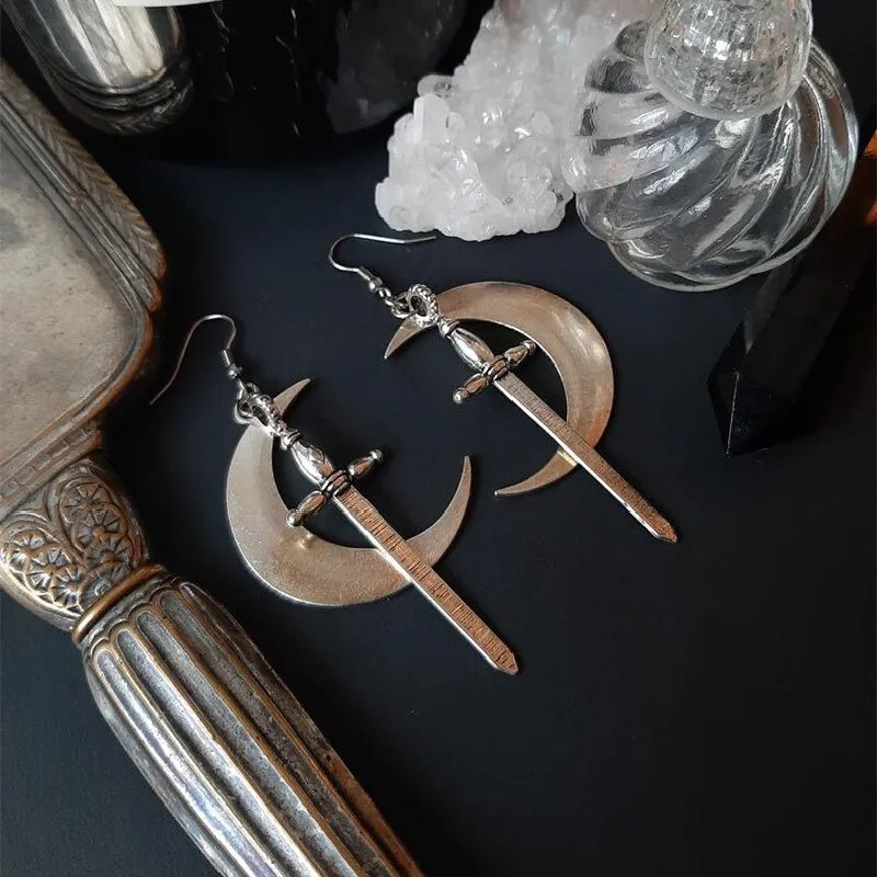 Swords Moon Earrings Witchy Warrior Pagan Viking Alternative Goth Celtic Gothic Medieval Creative Jewellery Punk Gift Women 2021