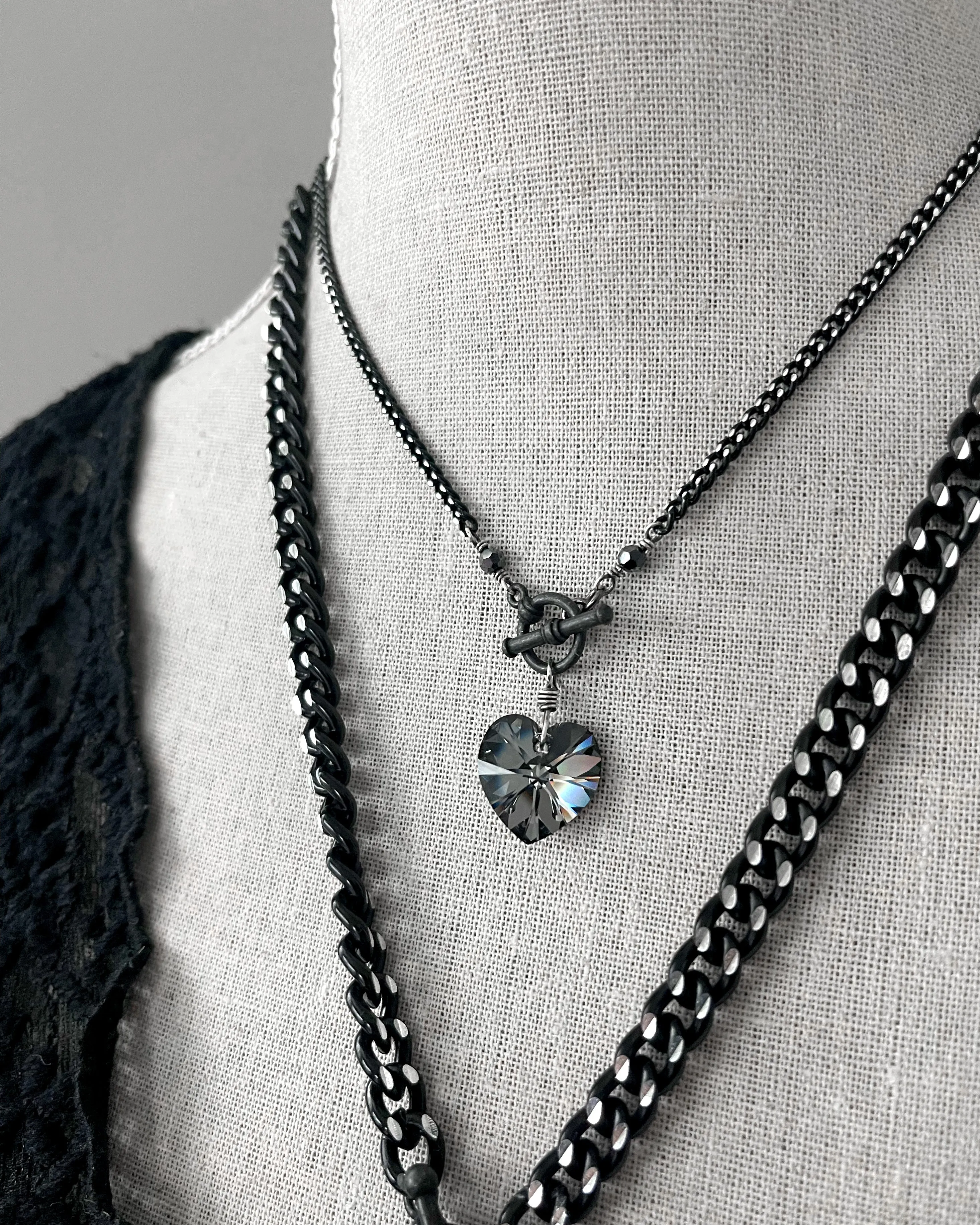 TOUGH LOVE V2 - Small Black Crystal Heart Pendant Necklace