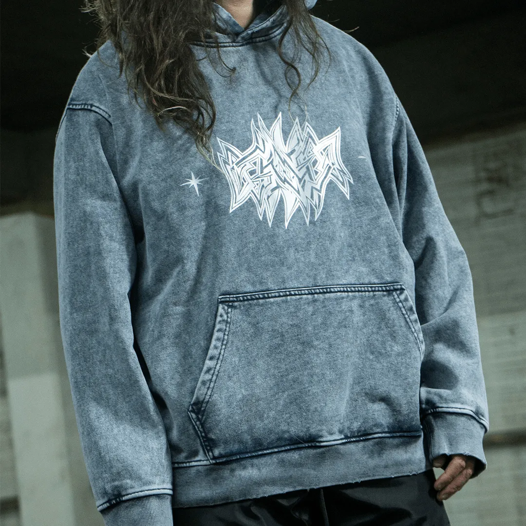 Universe 7 Oversized Heavy Weight Acid Wash Hoodie - Grey