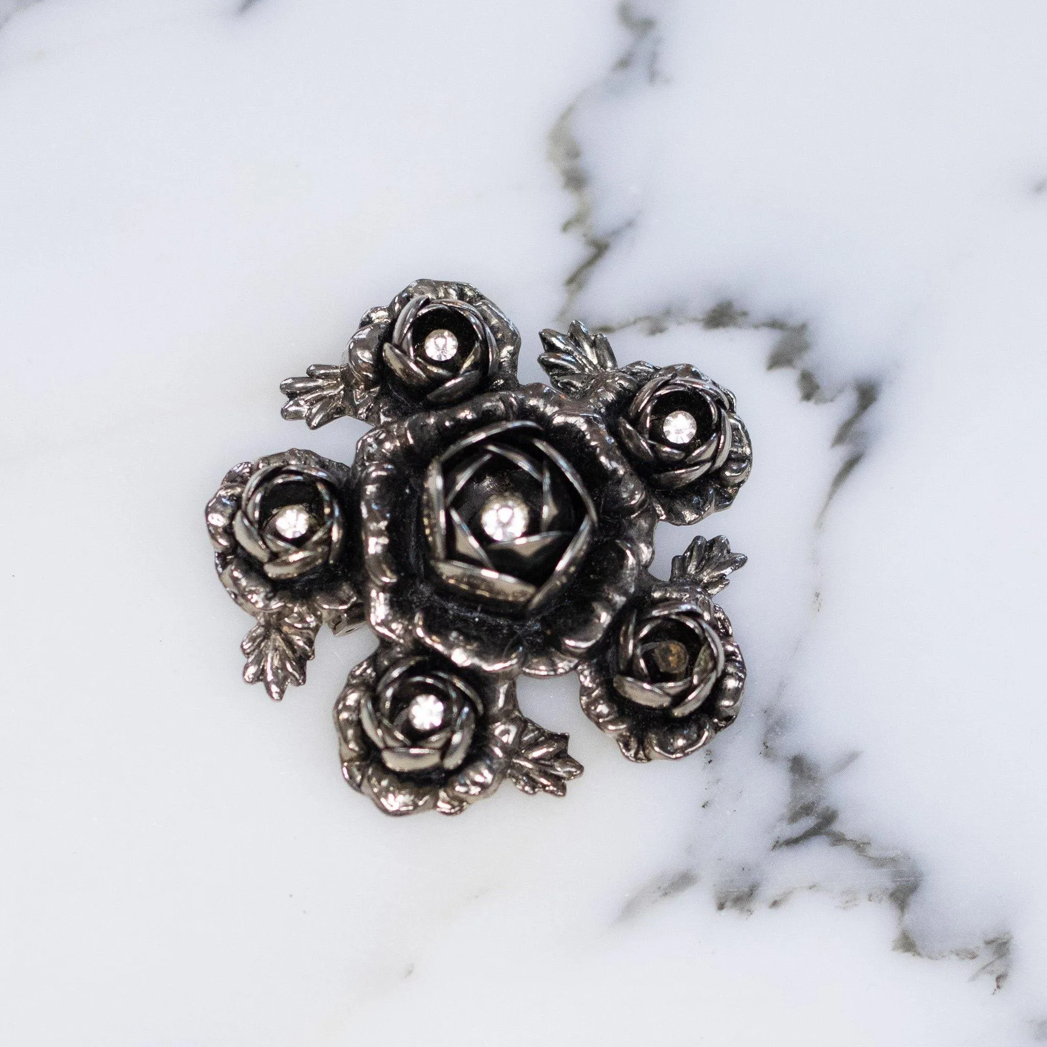 Vintage 1950s Victorian Gothic Silver Roses Brooch  Three Dimensional Shape  Layers of Roses with Diamante Crystal Centers