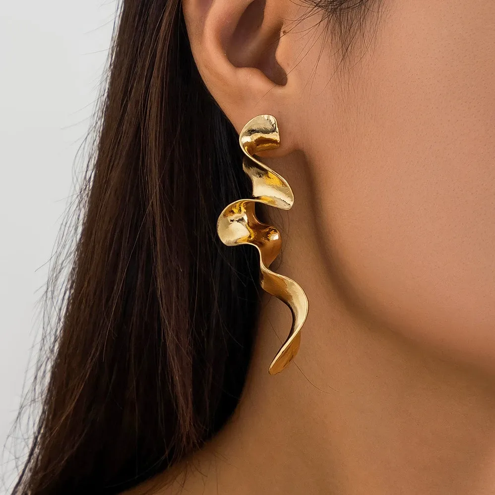 Vintage Irregular Geometric Long Wave Pendant Drop Earrings