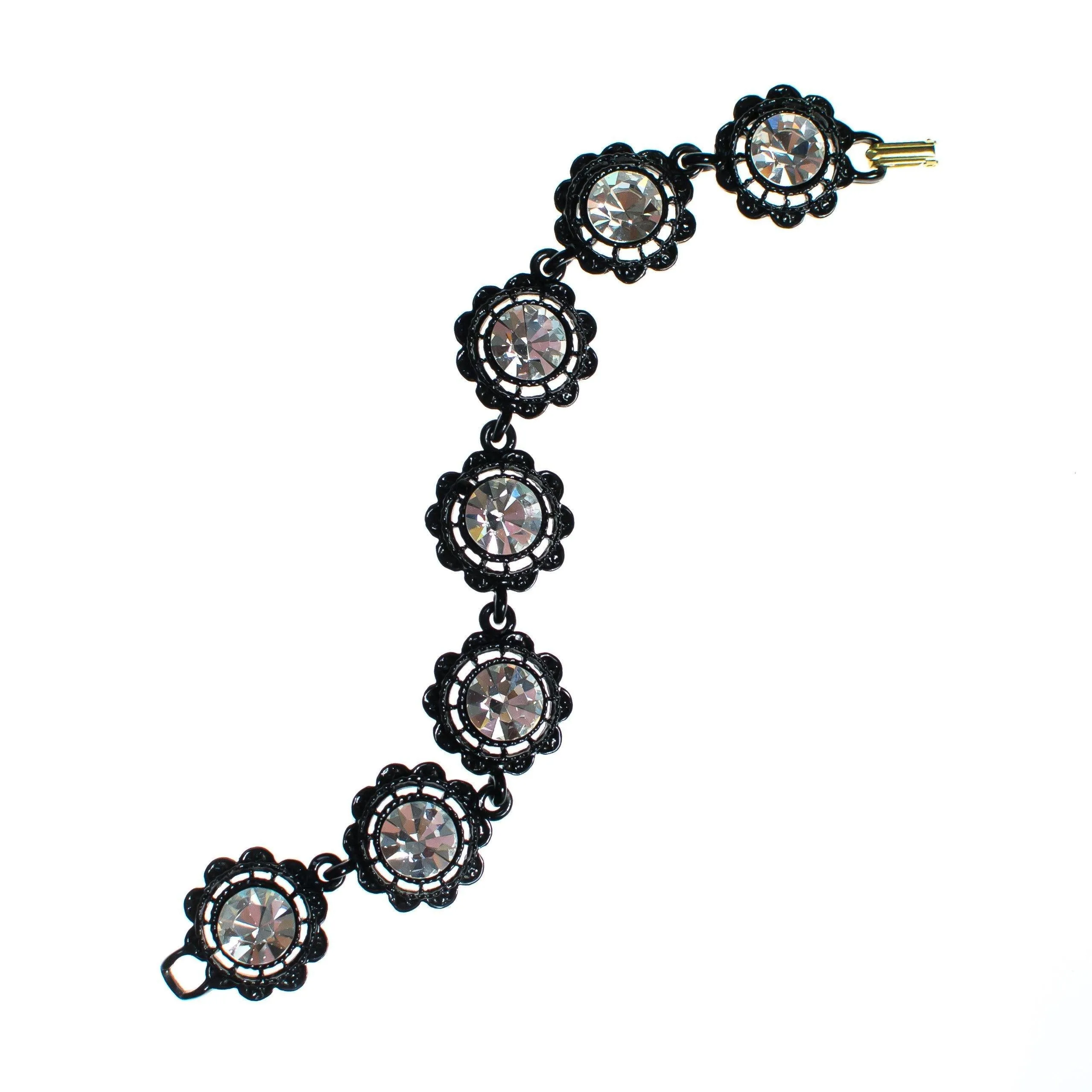 Vintage Sparkling Diamante Rhinestone Bracelet in Black Enamel Cupcake Setting