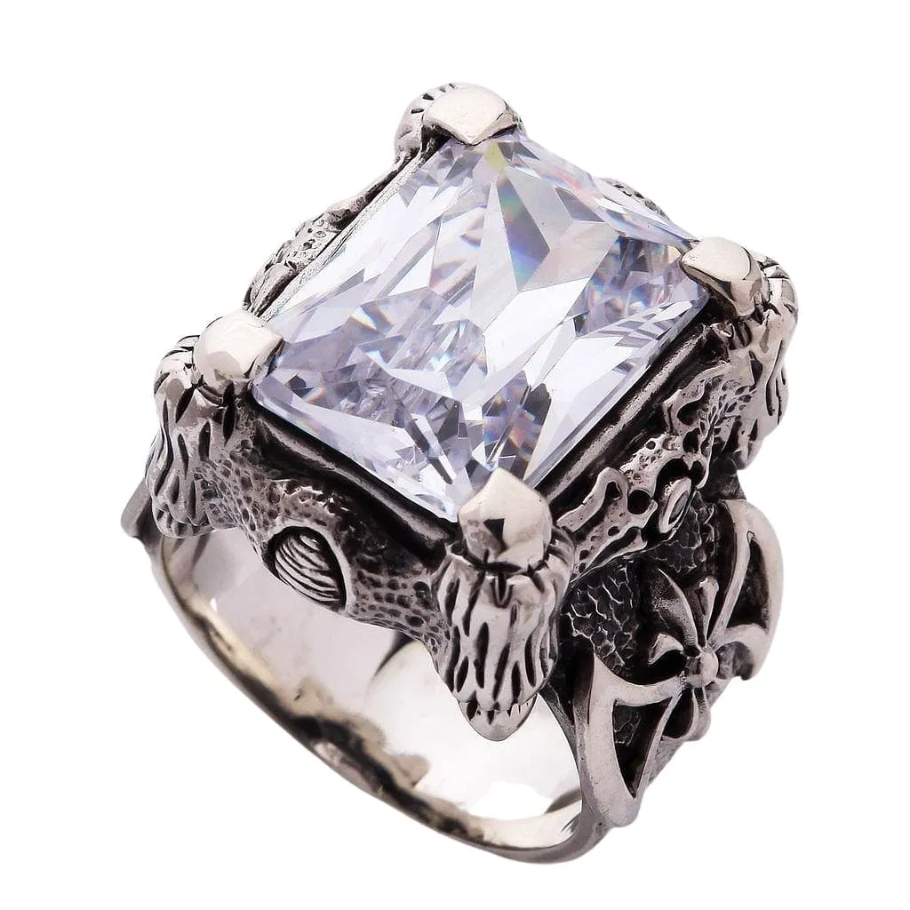 White Topaz Dragon Claw Sterling Silver Men's Ring