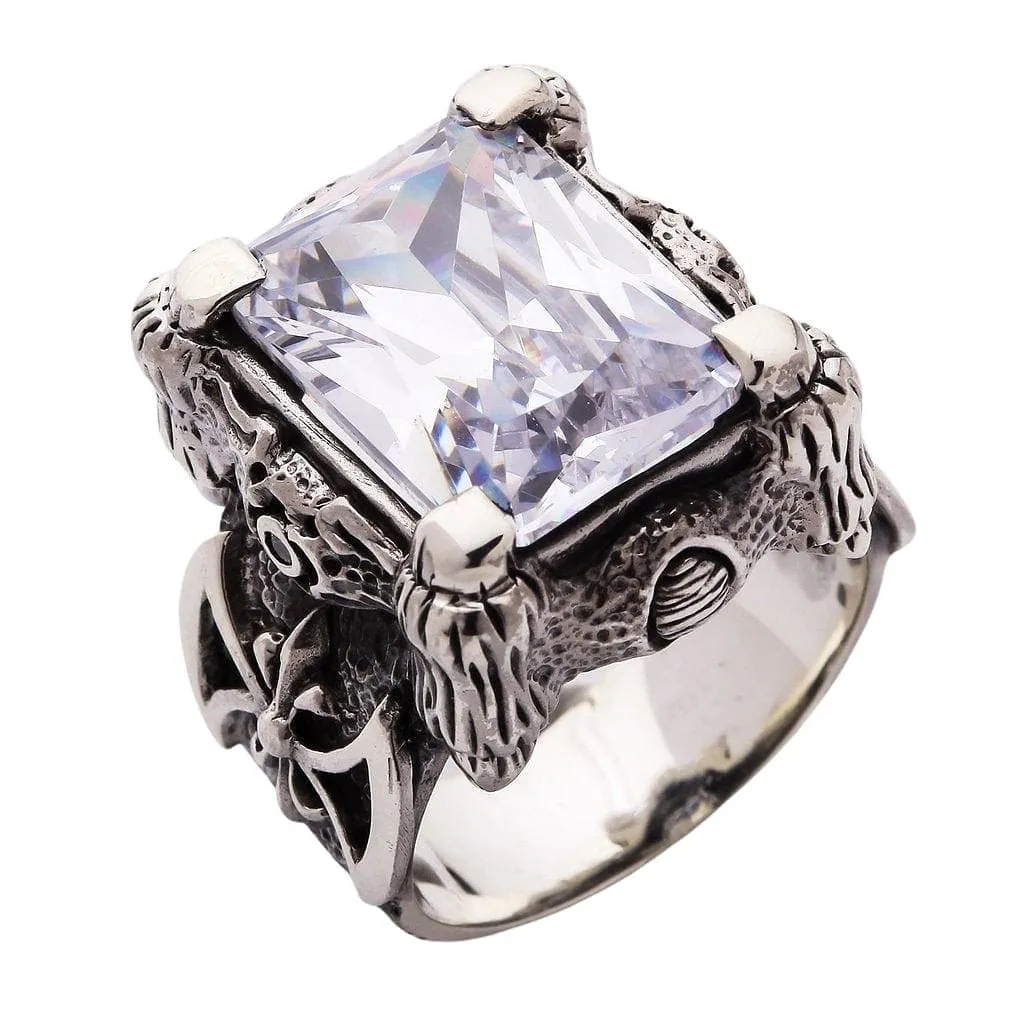 White Topaz Dragon Claw Sterling Silver Men's Ring