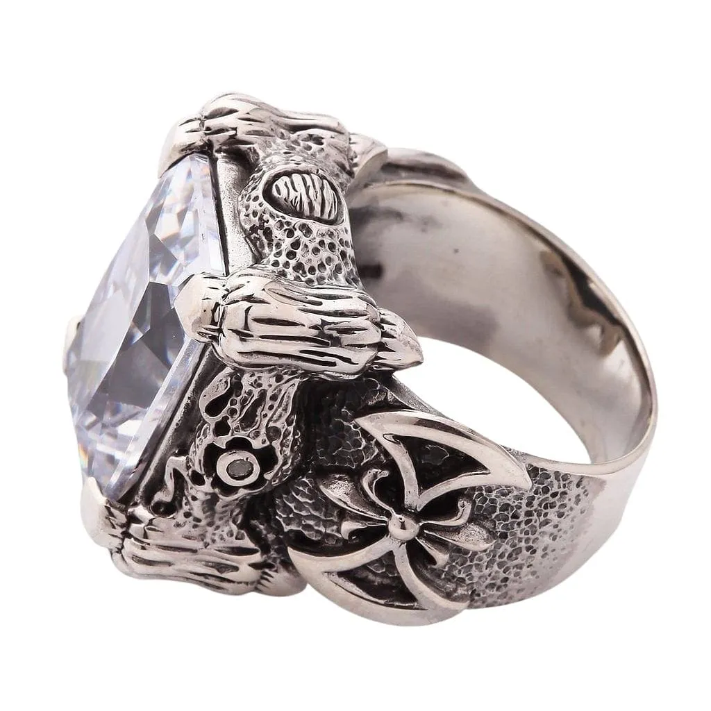 White Topaz Dragon Claw Sterling Silver Men's Ring