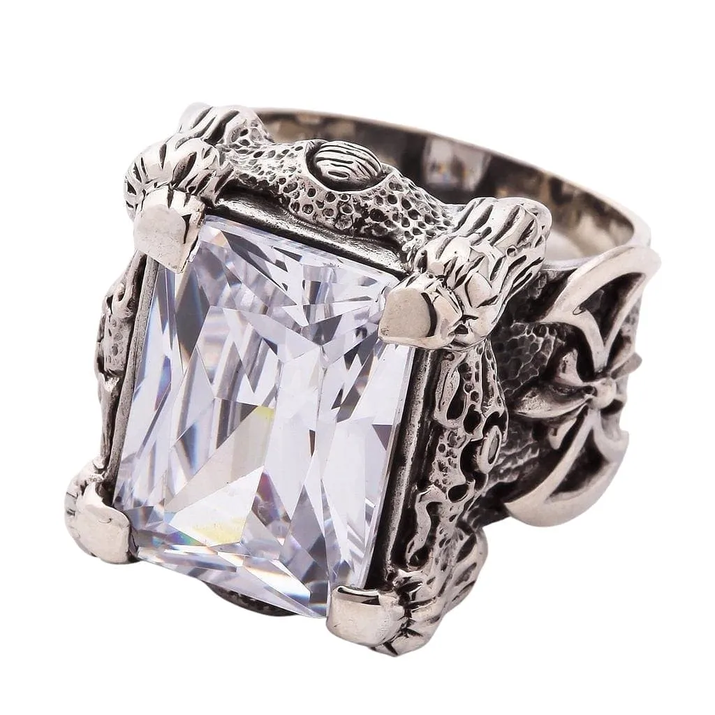 White Topaz Dragon Claw Sterling Silver Men's Ring
