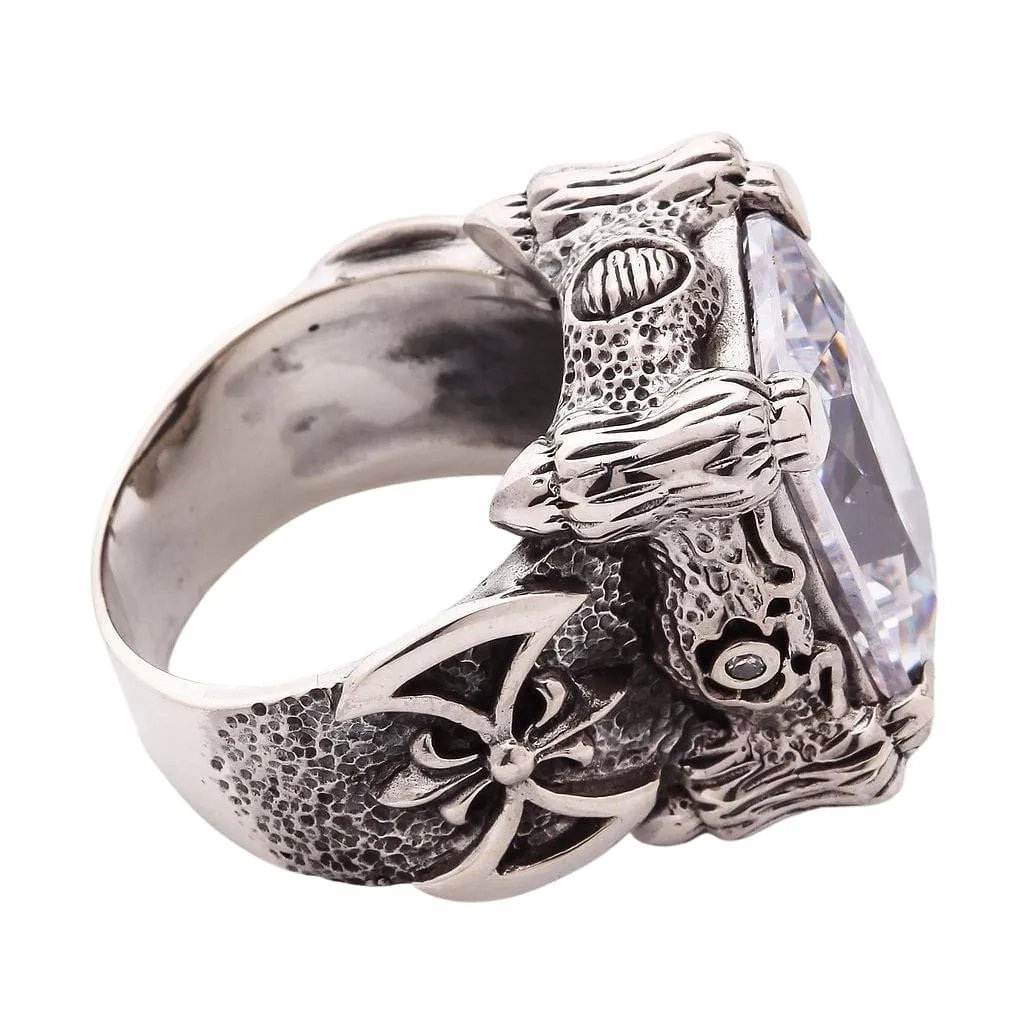 White Topaz Dragon Claw Sterling Silver Men's Ring