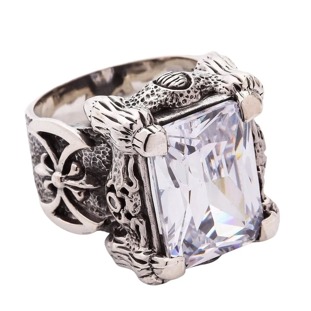 White Topaz Dragon Claw Sterling Silver Men's Ring