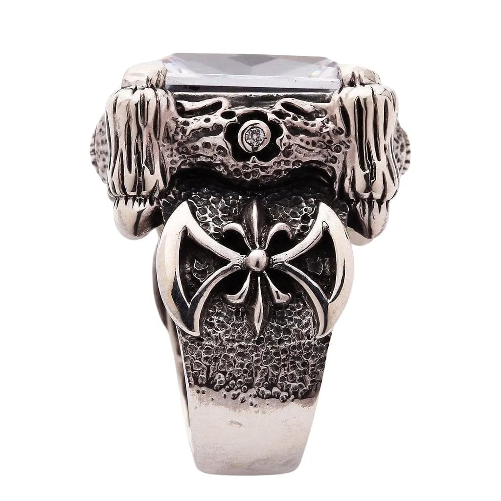 White Topaz Dragon Claw Sterling Silver Men's Ring