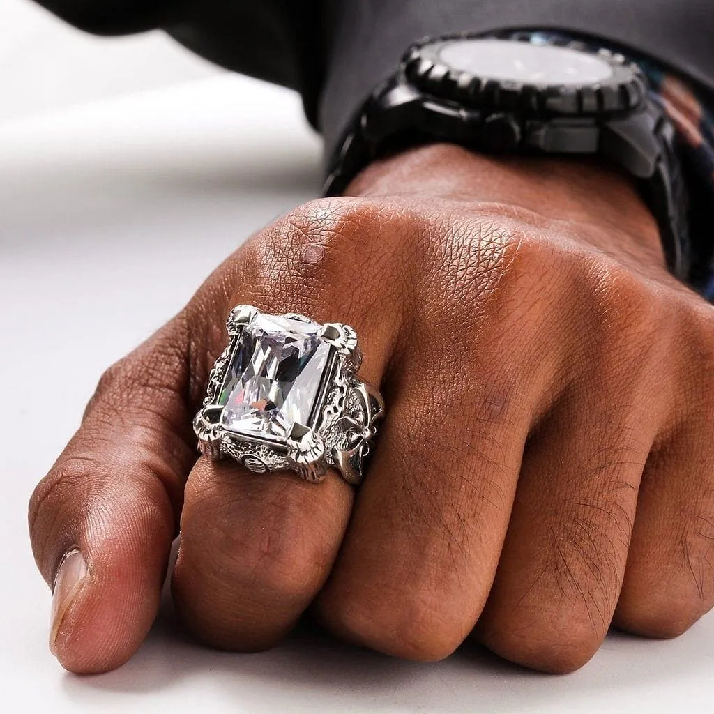 White Topaz Dragon Claw Sterling Silver Men's Ring