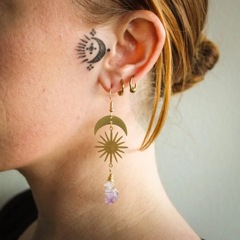 Witch Amethyst Sunburst Earrings Moon Dangle Celestial BOHO Dangle Women Fashion Statement Handmade Jewelry Gift 2022