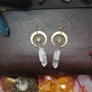 Witchy Tribal Sun Crescent Earrings Brass Golden Color Hippie Jewelry Bohemia Birthday Magical Clear Stone Point Women Gift