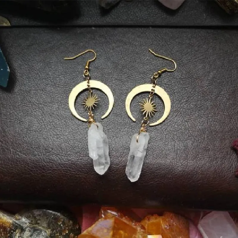 Witchy Tribal Sun Crescent Earrings Brass Golden Color Hippie Jewelry Bohemia Birthday Magical Clear Stone Point Women Gift