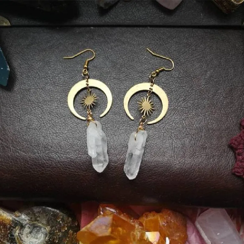 Witchy Tribal Sun Crescent Earrings Brass Golden Color Hippie Jewelry Bohemia Birthday Magical Clear Stone Point Women Gift