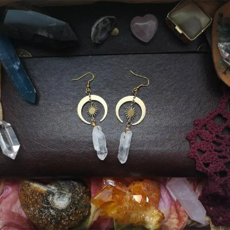 Witchy Tribal Sun Crescent Earrings Brass Golden Color Hippie Jewelry Bohemia Birthday Magical Clear Stone Point Women Gift