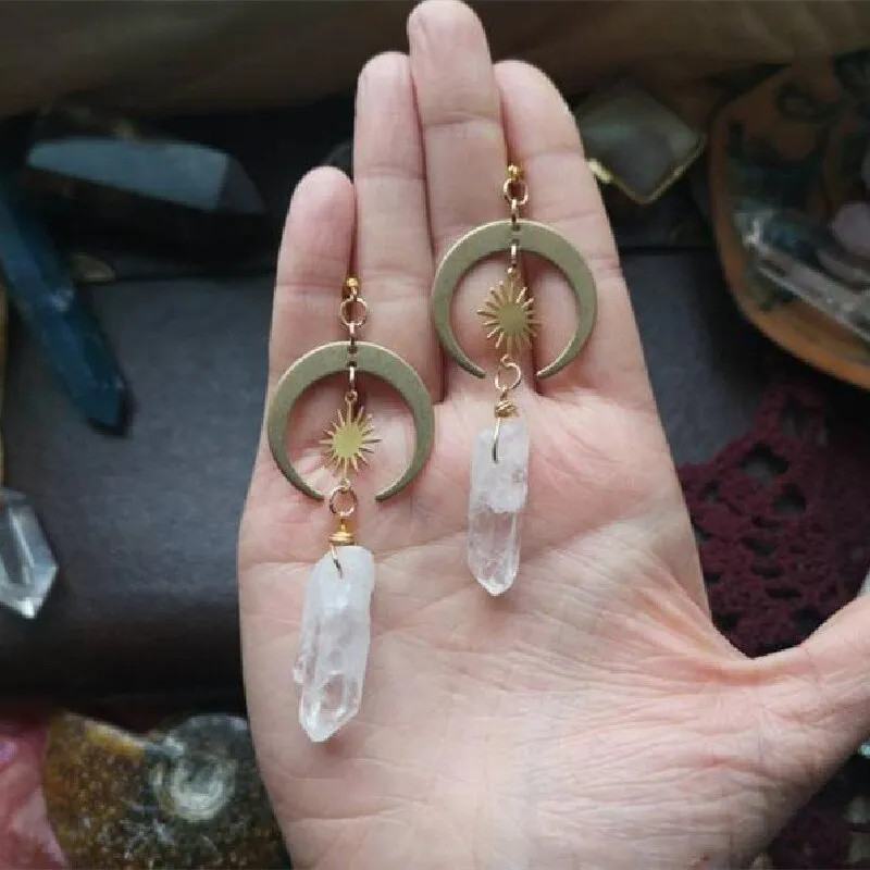 Witchy Tribal Sun Crescent Earrings Brass Golden Color Hippie Jewelry Bohemia Birthday Magical Clear Stone Point Women Gift