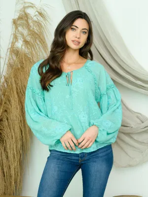 WOMEN'S LONG SLEEVE LACE TRIMMED EMBROIDERY TOP