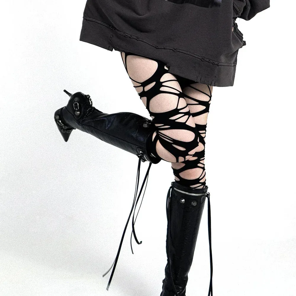 Y2K Torn Strap Sexy Gothic Black Perforated Pantyhose