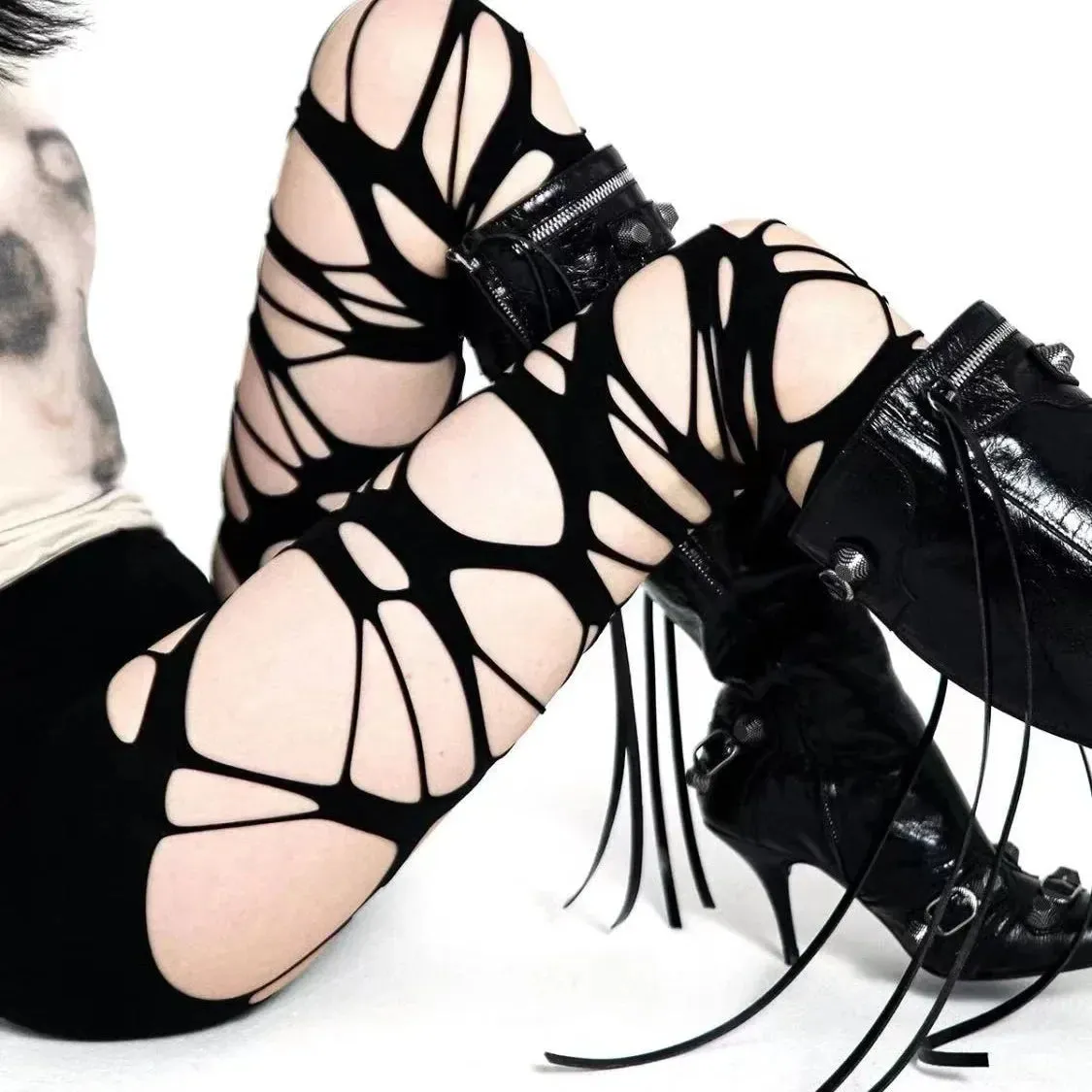 Y2K Torn Strap Sexy Gothic Black Perforated Pantyhose