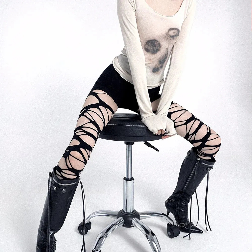 Y2K Torn Strap Sexy Gothic Black Perforated Pantyhose