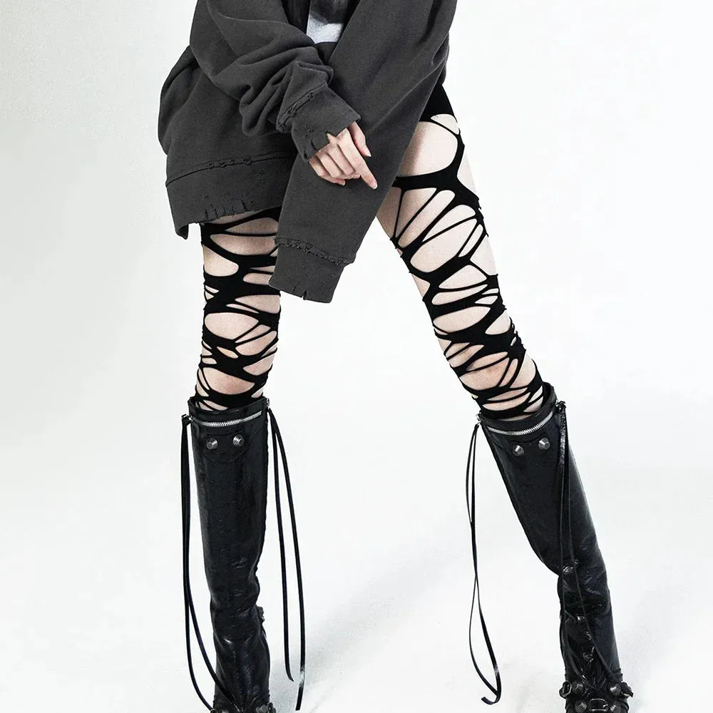 Y2K Torn Strap Sexy Gothic Black Perforated Pantyhose