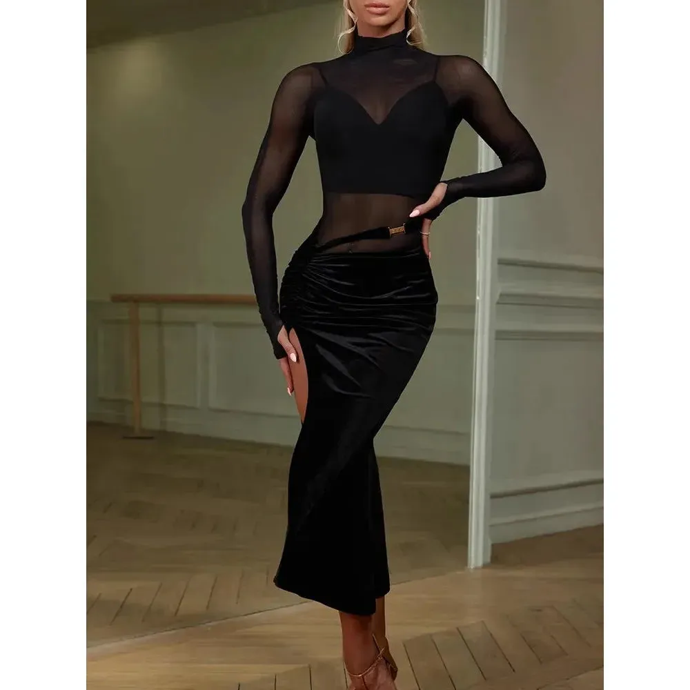 ZYMdancestyle Autumn New Latin Dance Long Skirt Stretchy Velvet Fishtail  Length Adjustable Belt Tranining Practice Wear   #2379
