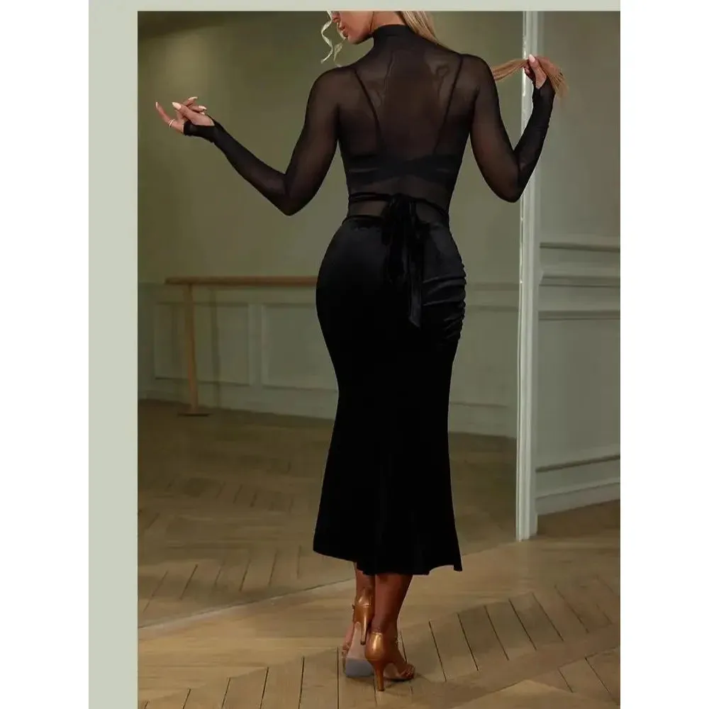 ZYMdancestyle Autumn New Latin Dance Long Skirt Stretchy Velvet Fishtail  Length Adjustable Belt Tranining Practice Wear   #2379